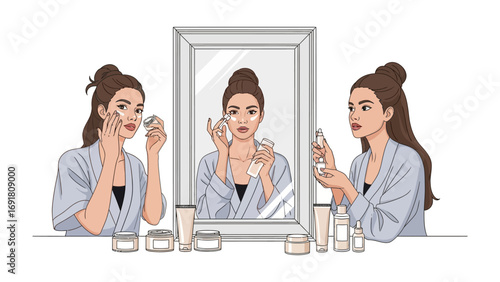 Young woman applying skincare products in front of a mirror reflecting her routine of cleansing and moisturizing her face with beauty products