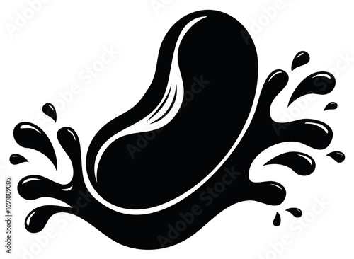 Graphic Bean Splash with Fluid Motion, Black and White Bean Spilling with Abstract Liquid for Food Logo or Product Design