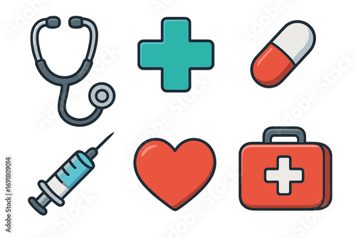 Healthcare icons set for medicine and pharmacy. Vector collection of medical symbols like stethoscope, pill, syringe, cross, heart, and first aid kit. Emergency care graphics.