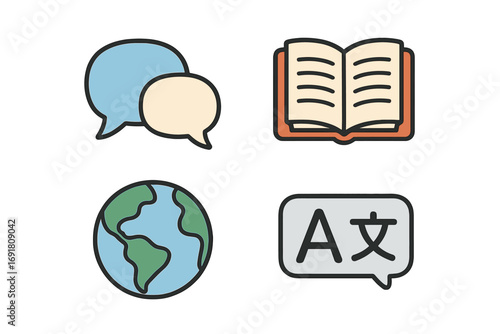Language and translation vector icon set for global communication. Includes speech bubbles, book for dictionary, globe, and multilingual symbols for online education and learning apps.