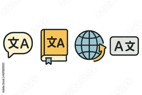 Language translation icon set for global communication. Vector icons for dictionary, speech, world languages, and subtitles. Multilingual learning and interpretation concept.