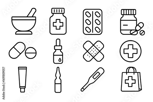 Minimalist Pharmacy and Medicine Icons Set, Linear Vector Illustrations with Pills, Capsules, Bandages, Thermometer, Medicine Bottles, Dropper, Mortar, Ampoule, Healthcare Symbols