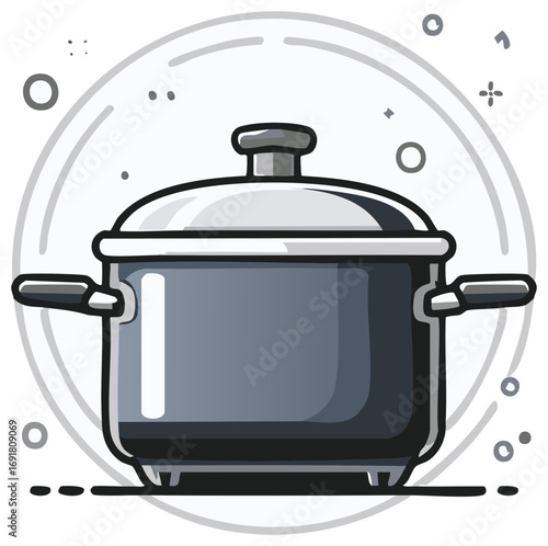 Illustration of a cooking pot with a lid in grayscale, cartoon style, for culinary concepts.