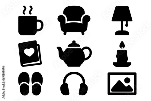 Home comfort silhouette icon set. Cozy lifestyle and relaxation symbols. Hygge concept with tea, coffee, book, candle, and armchair. Vector elements for leisure and rest.