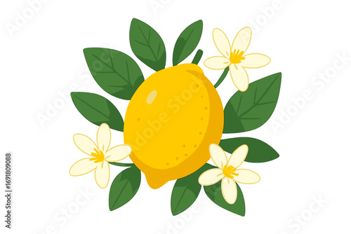 Lemon fruit with leaves and blossom flat vector illustration. Fresh citrus with flowers. Natural organic food concept. Healthy vitamin C source for diet. Summer design element.