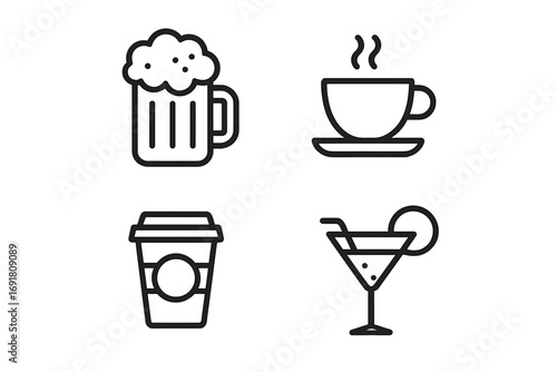Simple drink line icons collection. Vector beverage symbols for a cafe or bar menu. Outline graphic of a beer mug, hot coffee, takeaway cup, and cocktail for web or app design.