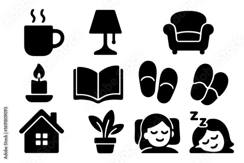 Home comfort glyph icons set. Cozy relaxation lifestyle symbols. Hygge concept vector illustration. Stay at home, self-care, reading book, sleeping, relaxing cartoon pictograms.