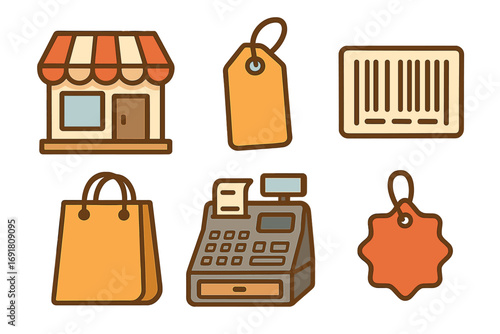 Retail shopping icons set with storefront, price tags, barcode scanner, cash register, shopping bag, and sale label in cartoon style vector illustration, transparent background