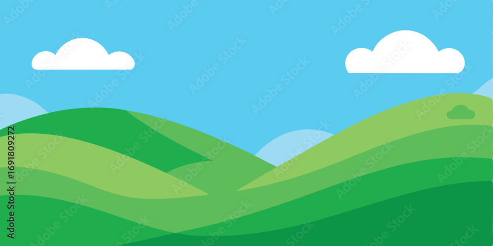 Fototapeta premium Rolling green hills under a bright blue sky with fluffy white clouds vector.