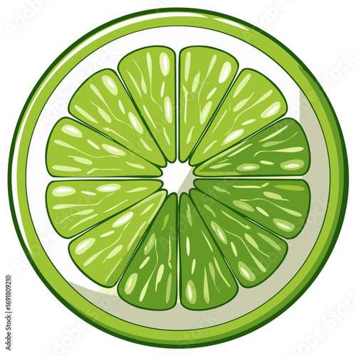 Vibrant green lime slice isolated on white with radial segmentation and juicy texture