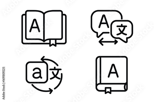 Language and translation line icon set. Vector symbols for dictionary, vocabulary, and bilingual communication. Multilingual learning and linguistics concept. Editable stroke icons.