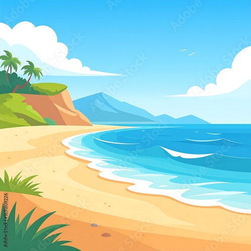 Sunny beach scene, gentle waves
