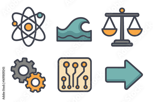 Science and technology icons set with atom, wave, balance scale, gears, circuit board, and arrow symbols. Cartoon vector illustration with transparent background, innovation and technology concepts