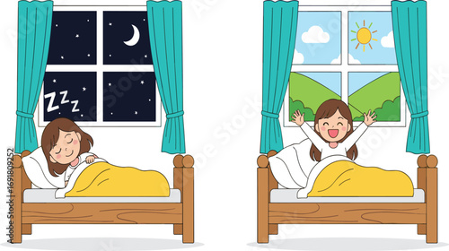 Cartoon girl sleeping and waking up, day and night bedroom scene, sleep routine concept, kids daily activity, vector illustration