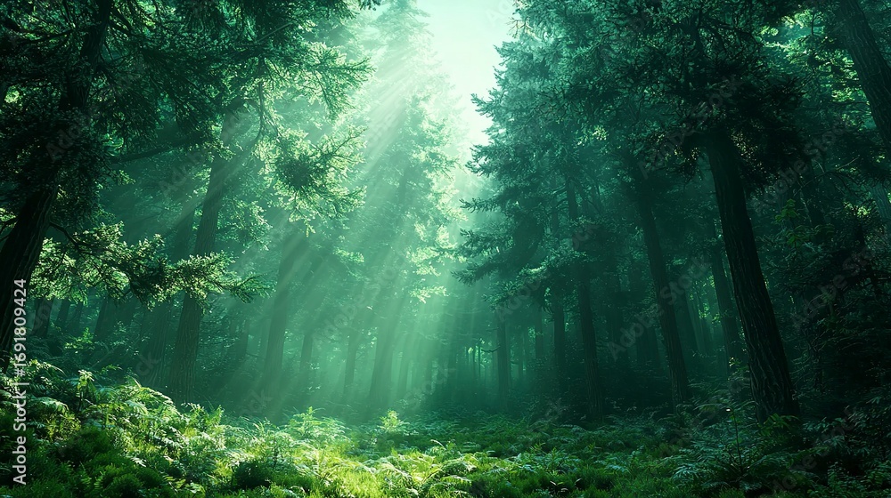 Obraz premium Sunbeams shining through a dense forest canopy with tall trees