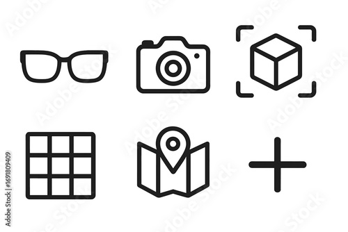 Minimalist augmented reality icons set with glasses, camera, 3D cube, grid, map location, and plus sign, vector cartoon illustration for technology and AR concepts
