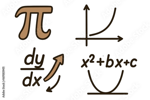 Math education icon set. Vector symbols for learning algebra, geometry, and calculus. Features pi, function graph, derivative, and parabola equation. Science illustration.
