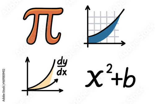 Math symbols icon set. Mathematical concepts. Pi symbol, integral graph, derivative curve, and algebra equation. Vector icons for education, science, physics and learning.