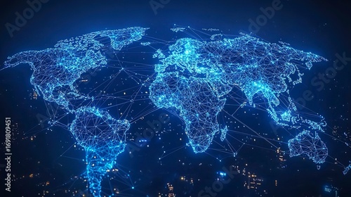 Fototapeta Naklejka Na Ścianę i Meble -  A glowing blue digital map representing the world and its connections