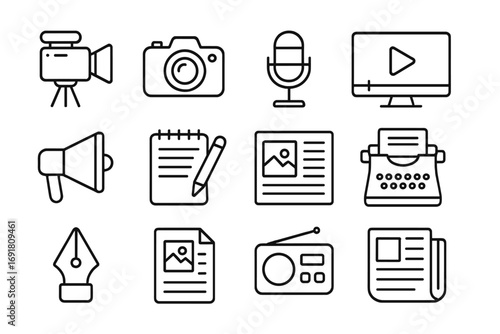Media creation and publishing line icon set. Content production and journalism symbols. Vector illustration for blogging, video, podcast, news media, and communication.