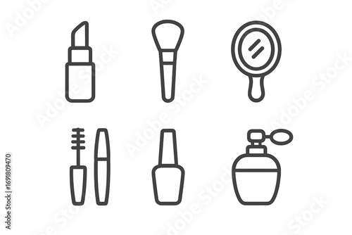 Minimalist beauty icons set with lipstick, makeup brush, hand mirror, mascara, nail polish, perfume bottle, vector cartoon illustration, transparent background, skincare essentials