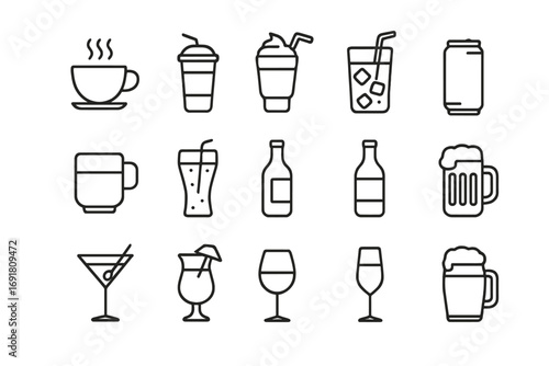 Drink and beverage line icon set. Coffee, tea, beer, wine, cocktail, soda, juice. Editable stroke. Bar, cafe, restaurant menu symbols. Minimal pictogram collection.
