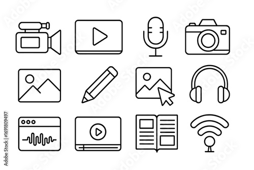 Media creation and publishing outline icon set. Content creator, video, blog, podcast, and photography symbols. Vector linear illustration for multimedia and web.