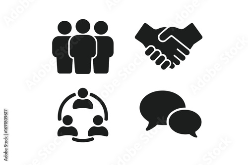 Social inclusion solid icon set. Community, group, handshake, support circle, speech bubbles. Vector symbols for teamwork, diversity, collaboration, communication, partnership.