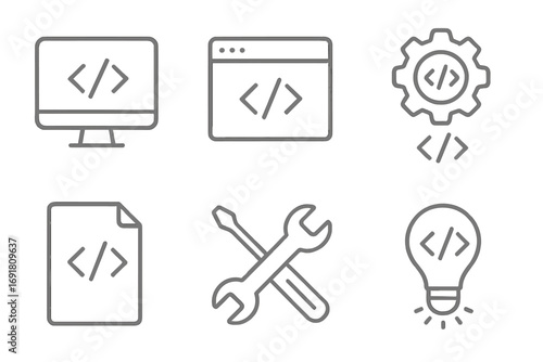 Minimalist coding and programming icon set, linear style vector cartoon illustration, transparent background, web development tools, software coding symbols, developer workflow icons