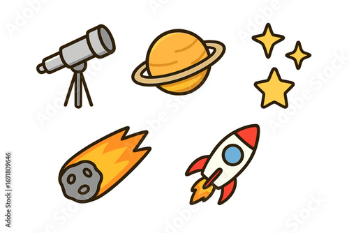 Simple space-themed icons set with telescope, planet with rings, shining stars, fiery meteor, and rocket ship, colorful vector cartoon illustration on transparent background, ordered collection