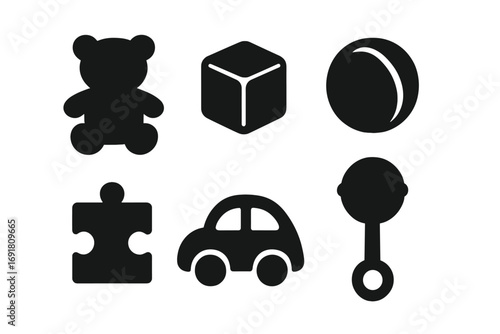 Minimalist baby toys icon set. Simple black silhouettes of a teddy bear, block, ball, puzzle piece, car, and rattle. Flat vector graphic collection for childhood design.