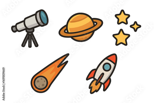 Simple space-themed icons set with telescope, planet with rings, sparkling stars, bright meteor, and cartoon rocket illustration, transparent background, ordered vector collection