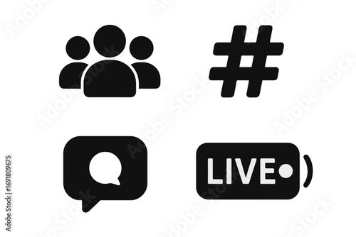 Social media solid glyph icon set. Vector symbols for followers, user group, hashtag, comment, and live stream. Black flat illustration for web, app, UI, UX, and marketing.