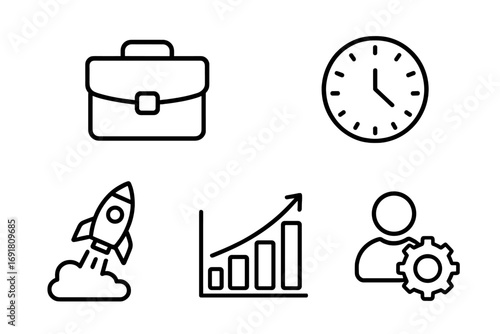 Vector business line icon collection. Editable stroke. Includes startup rocket, growth chart, time management, portfolio briefcase, account settings. Thin line icons for web and mobile.