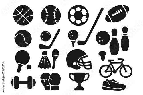 Sports equipment icons collection in silhouette style, vector set of popular gear and accessories, black and white sports silhouettes for design, fitness and games