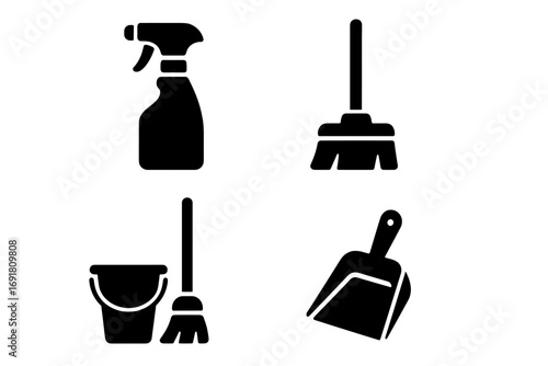 Cleaning icon set vector. Minimalist silhouettes of essential household tools. Spray bottle, broom, dustpan, mop, and bucket. Housekeeping service graphic elements. Hygiene.