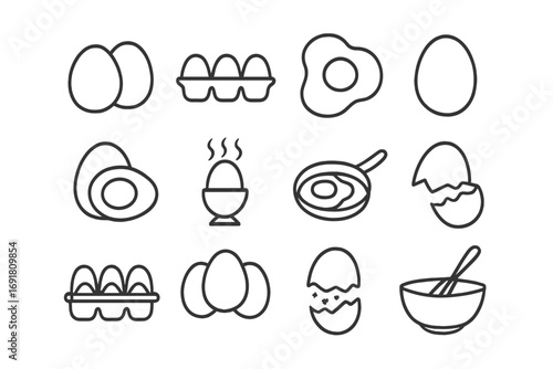 Egg icon set line style vector. Food icons for breakfast menu. Contains fried egg, boiled egg, scrambled egg, egg carton. Editable stroke outline pictogram collection.