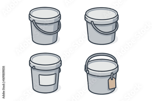 Isometric storage buckets icon set. Flat vector cartoon illustration of utility pails. Stackable plastic containers with handle, lid, and blank label or price tag for design.