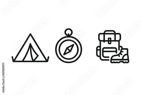 Minimalist camping and hiking icons set. Vector line art illustration of outdoor adventure equipment. Simple outline symbols collection with tent, compass, backpack, boot.