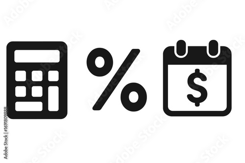 Tax icon set with calculator, percentage symbol, and calendar with dollar sign, financial finance silhouette vector illustration, accounting and budgeting concepts, business finance theme