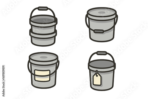 Storage buckets icon set. Isometric flat vector illustration of utility pails. Stackable container with handle, lid, blank label, and tag for household organization concepts.