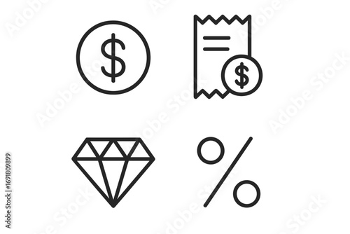Finance line icon collection. Dollar, money, receipt, diamond, percent symbols. Vector business pictograms for banking, payment, value, luxury, sale, and discount concepts.