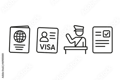 Travel essentials set with passport, visa, customs officer, and declaration form icons in linear style, vector cartoon illustration, transparent background, ordered collection