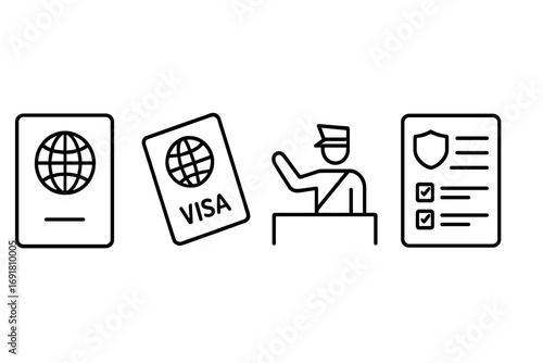 Travel essentials icons set with passport, visa, customs officer, and declaration form in linear style, vector cartoon illustration, transparent background, ordered collection