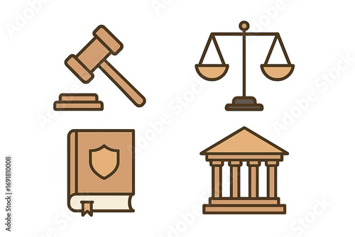 Minimalist legal icons set with judge gavel, balanced scales of justice, law book with shield emblem, courthouse building vector illustration, transparent background, ordered set