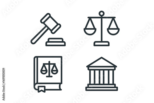 Minimalist legal icon set with judge gavel, justice scales, law book with bookmark, courthouse building silhouette, vector cartoon illustration symbols for law and legal services