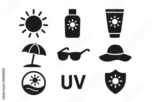 Sun protection solid glyph icon set. Summer beach vacation symbols. Sunscreen lotion, UV shield, sunglasses, hat, umbrella. Skincare concept. Sunblock cream vector icons.