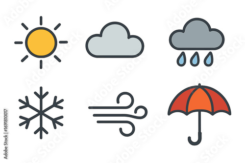 Weather icons set with sun, cloud, rain, storm, snowflake, wind, umbrella, flat design, cartoon illustration, transparent background, ordered weather symbols collection