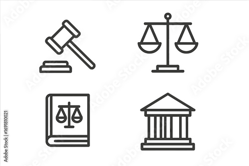 Minimalist legal icons set with gavel, scales of justice, law book, and courthouse vector illustration, clean cartoon style, transparent background, organized judicial symbols collection