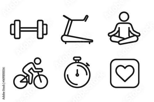Fitness icon set. Sport symbols. Workout gym. Dumbbell, treadmill, yoga, cycling, stopwatch, heart app. Vector. Line art. Healthy lifestyle. Activity pictogram collection.
